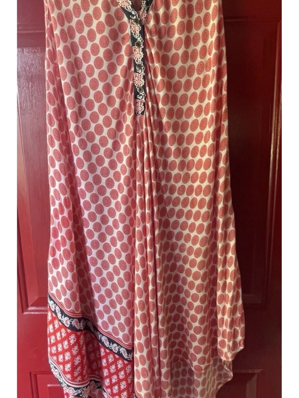 Red Printed Maxi Dress with Border Trim
